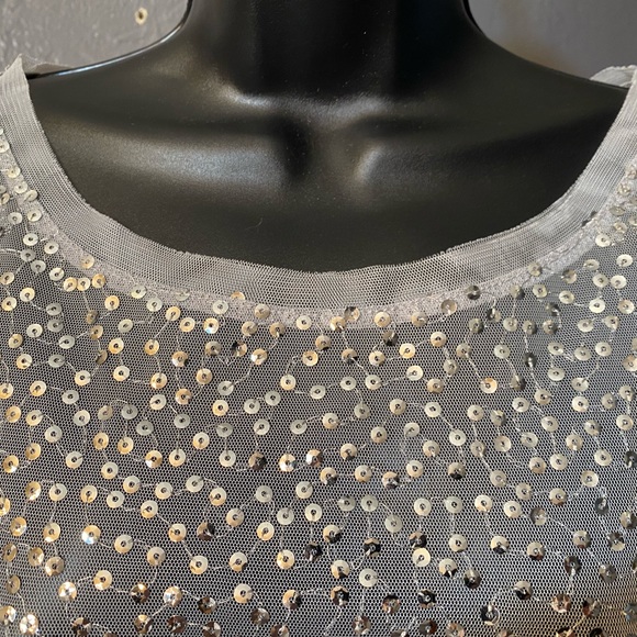 INC Semi sheer silver sequin short sleeve top - Picture 4 of 16